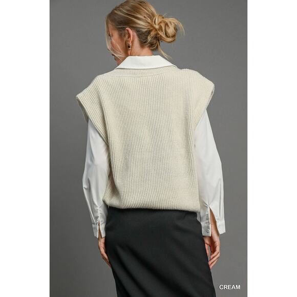 Umgee V-Neck Distinctive Shoulder Pad Detail Relaxed Fit Sweater Vest | Cream - Picture 3 of 6